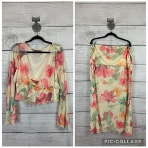 Shein Plus Size Yellow Floral Tropical 2pc Matching Top & Skirt Set Size 4XL